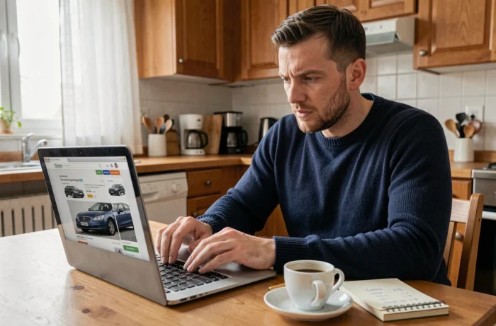Homme consultant des annonces de voitures d'occasion en ligne sur un ordinateur portable à la maison