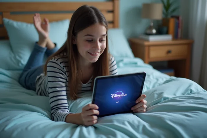 Adolescente allongée sur son lit consultant une erreur de lecture sur l'application Disney Plus sur tablette