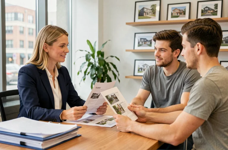 Agent immobilier professionnelle conseillant un jeune couple dans une agence moderne lors d'une recherche de location