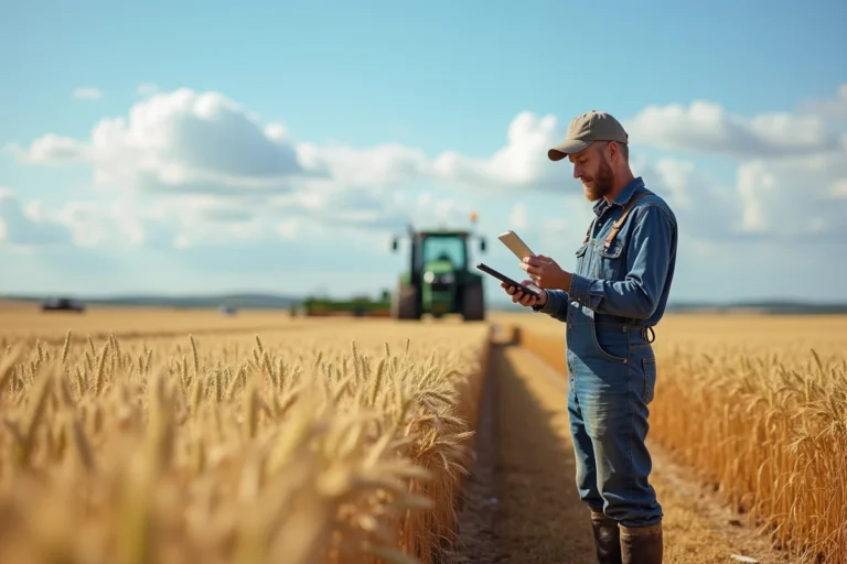 Agriculteur utilisant une tablette numérique avec cartographie des cultures dans un champ de blé pour optimiser la gestion de son exploitation agricole