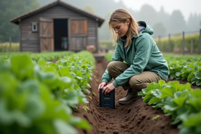 Agronome inspectant un capteur IoT de sol connecté dans une exploitation maraîchère pour optimiser la gestion agricole de précision