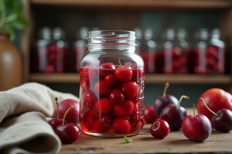 Bocal en verre rempli de cerises et prunes dans de l'alcool à fruits fait maison sur un plan de travail en bois rustique