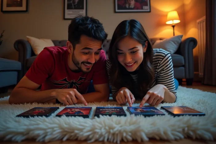 Deux amis allongés sur un tapis entourent des boîtiers de films Spider-Man Tom Holland disposés en ordre chronologique sur le sol
