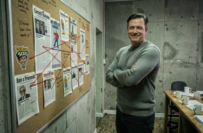 Homme analysant un tableau de veille médiatique couvert de titres de journaux et d'annotations satiriques