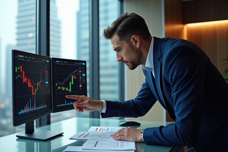 Analyste financier comparant les courbes de prix du Ripple XRP et du Bitcoin sur des écrans de trading dans un bureau moderne