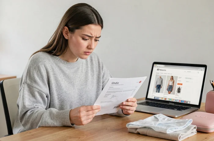 Jeune femme consultant sa confirmation de commande Undiz pour préparer une annulation et un remboursement