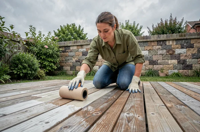 Femme appliquant une lasure polyuréthane Parkside au rouleau sur une terrasse en bois extérieure