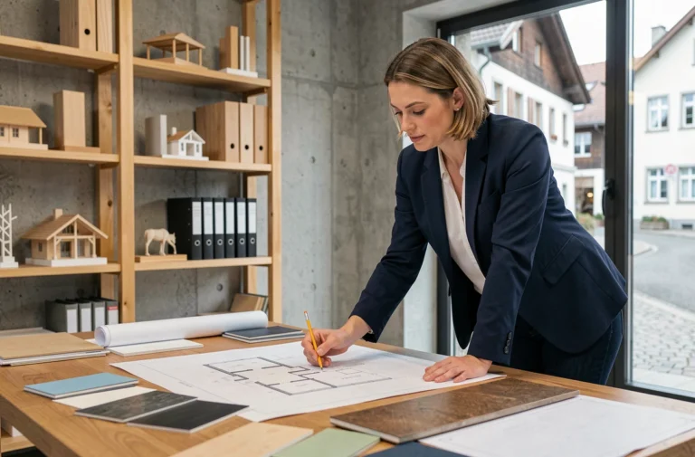 Architecte suisse étudiant des plans de construction dans un studio moderne à Zurich