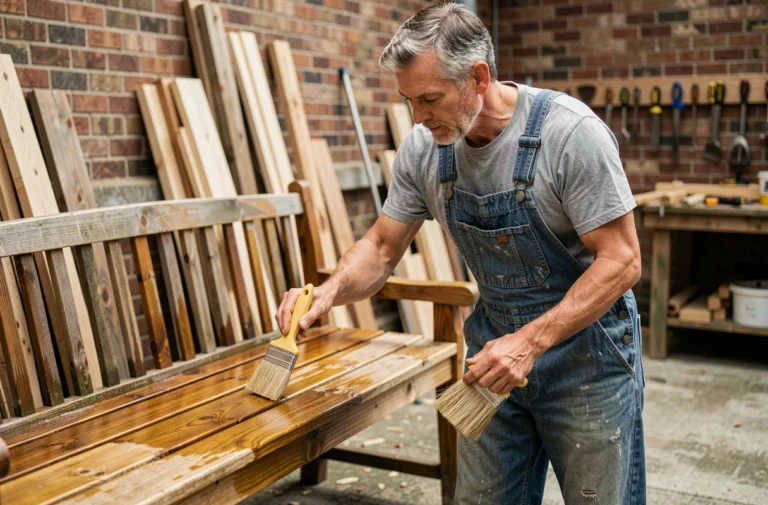 Artisan appliquant une lasure polyuréthane Parkside sur un banc en bois dans un atelier extérieur