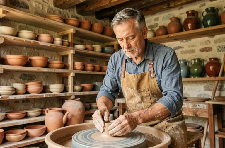 Artisan potier français façonnant une pièce en argile sur un tour dans un atelier provençal rustique