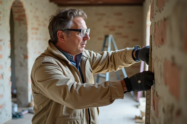 Artisan mesurant un mur en pierre lors de travaux de rénovation dans une maison ancienne à Nantes