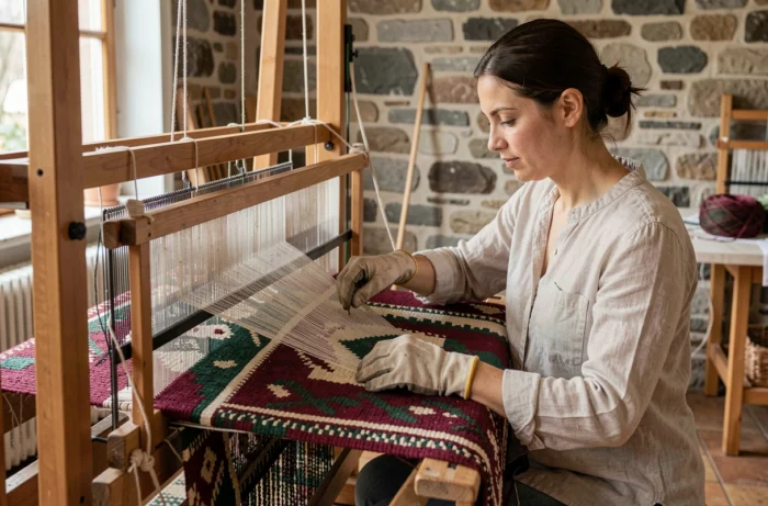 Artisane française tissant une tapisserie traditionnelle sur un métier à bois dans un atelier alsacien