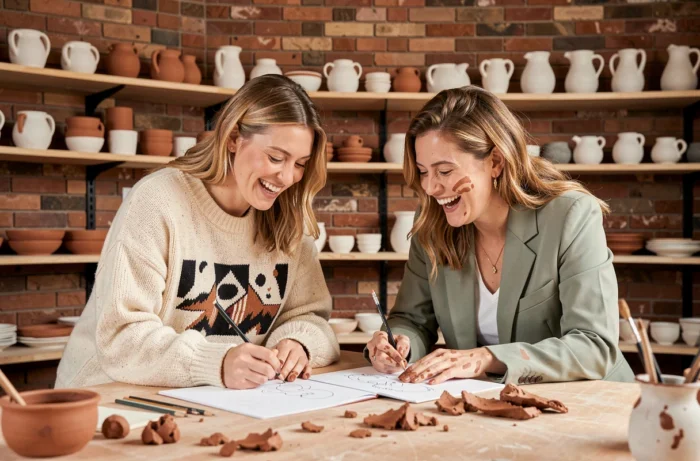 Deux jeunes femmes créant ensemble dans un atelier de céramique artisanale avec murs en briques et poteries faites main