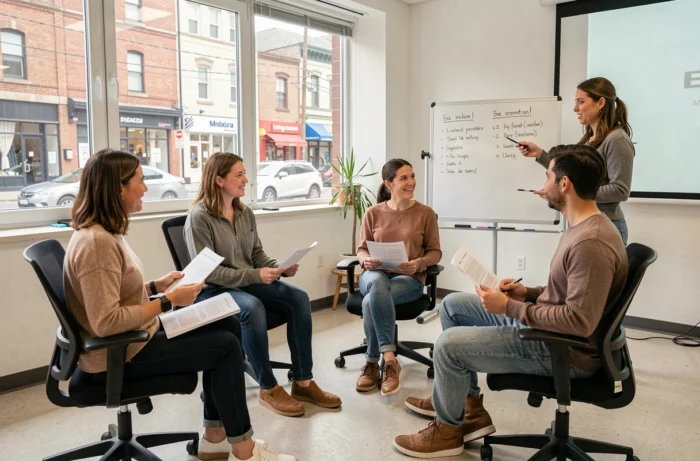 Participants à un atelier de recherche d'emploi animé par un conseiller Solerys dans une salle de formation