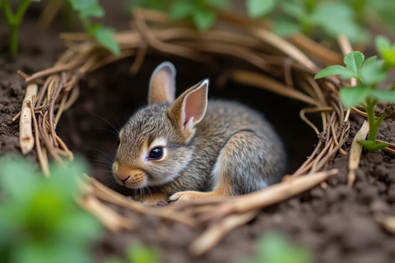 Bébé lapin sauvage nouveau-né niché dans un nid de terre et d'herbe sèche dans un jardin