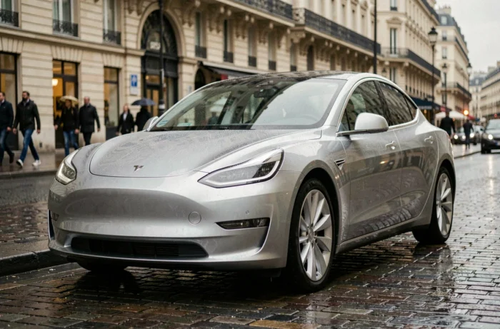 Berline électrique moderne garée sur une rue parisienne sous la pluie, reflet de l'architecture haussmannienne sur la carrosserie argentée