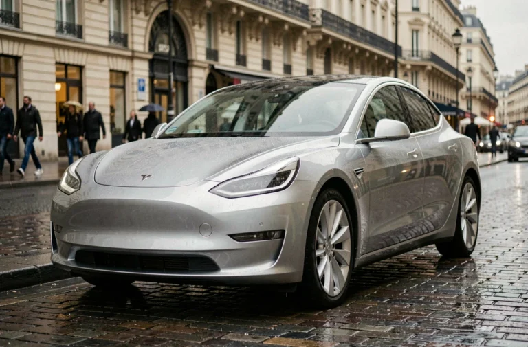 Berline électrique moderne garée sur une rue parisienne sous la pluie, reflet de l'architecture haussmannienne sur la carrosserie argentée