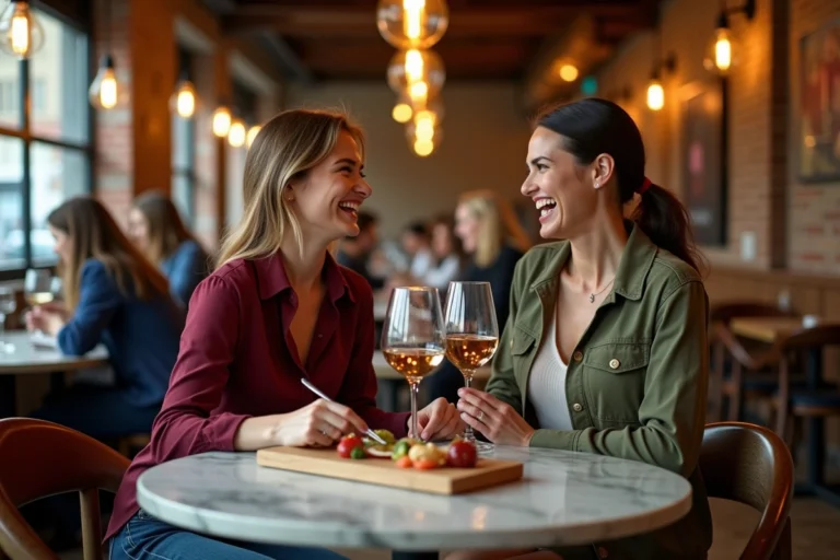 Deux femmes partageant un repas tendance dans un bistro urbain branché aux murs en briques apparentes