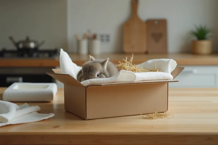 Boîte de secours avec bébé lapin sauvage sur une table en bois avec papier absorbant et foin