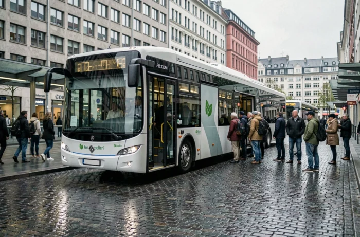 Bus électrique moderne en gare urbaine avec des passagers qui embarquent, tendances transport 2024