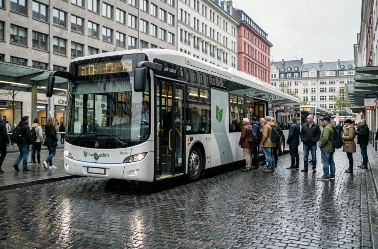Bus électrique moderne en gare urbaine avec des passagers qui embarquent, tendances transport 2024