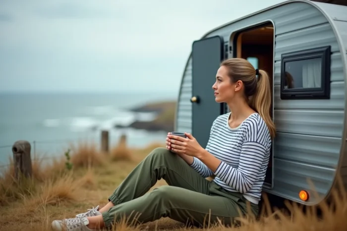 Femme voyageant seule en camping-car face à la côte atlantique française en automne