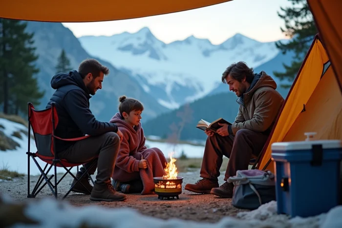 Famille réunie autour d'un réchaud dans un camping ouvert au printemps dans les Alpes françaises