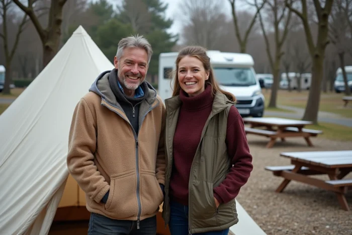 Couple installant une tente dans un camping ouvert en hiver en France entouré d'arbres sans feuilles