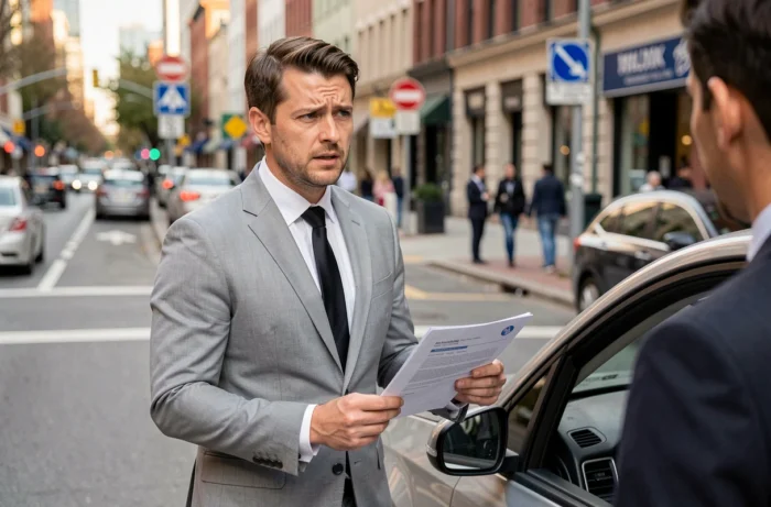 Candidat en costume lors d'un examen pratique de permis de conduire dans un environnement urbain, illustrant la rigueur des tests de conduite les plus difficiles au monde