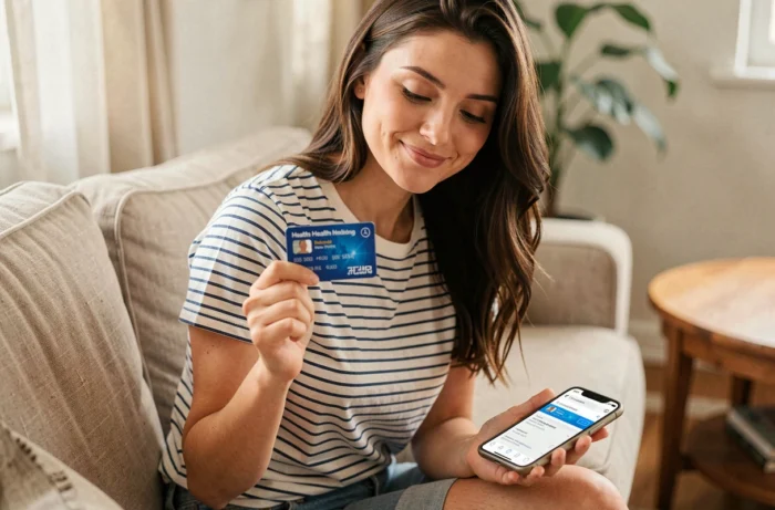 Jeune femme tenant sa carte européenne d'assurance maladie obtenue sans compte Ameli depuis chez elle