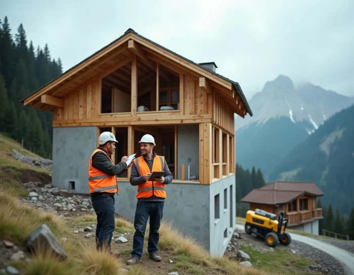 Chantier de construction d'une maison individuelle dans les Alpes suisses avec ouvriers