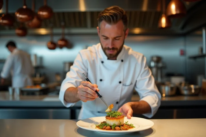 Chef cuisinier dressant une assiette gastronomique dans la cuisine ouverte d'un restaurant tendance