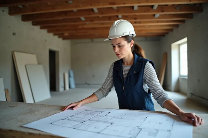 Cheffe de chantier consultant des plans de rénovation dans un appartement en travaux à Nantes