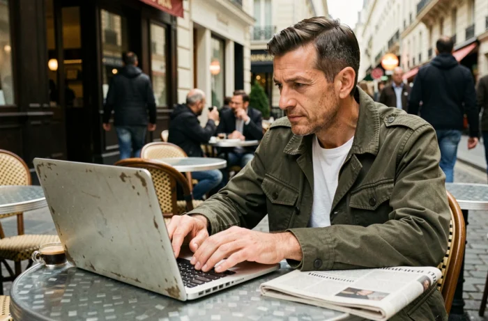 Écrivain et chroniqueur travaillant en terrasse de café parisien avec un journal et un ordinateur portable