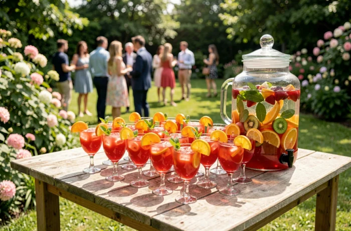 Table de jardin festive avec un distributeur de 10 litres de cocktail Jacqueline et des verres garnis pour une grande fête estivale en plein air