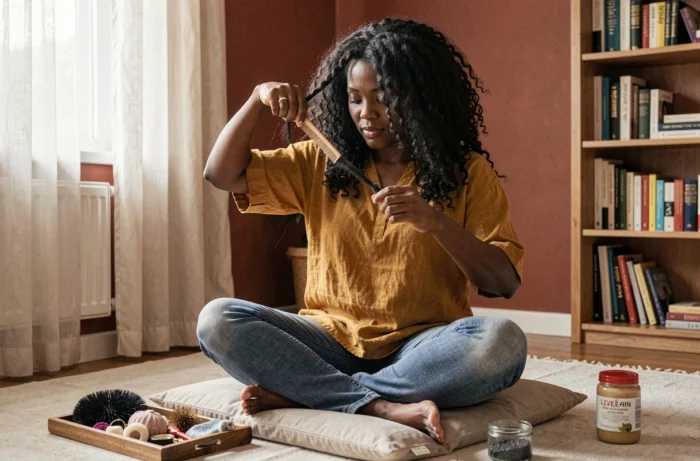 Femme aux cheveux crépus naturels réalisant une coiffure protectrice chez elle pour stimuler la pousse des cheveux