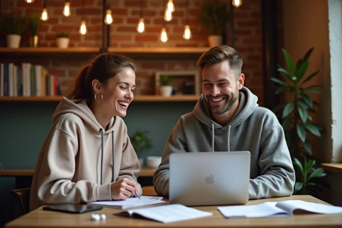 Deux jeunes professionnels collaborant autour d'appareils technologiques dans un espace de coworking créatif