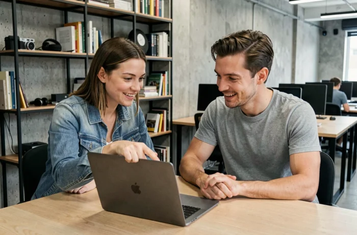Deux collègues collaborant sur un ordinateur portable dans un espace de coworking, illustrant le travail numérique moderne et les tendances tech