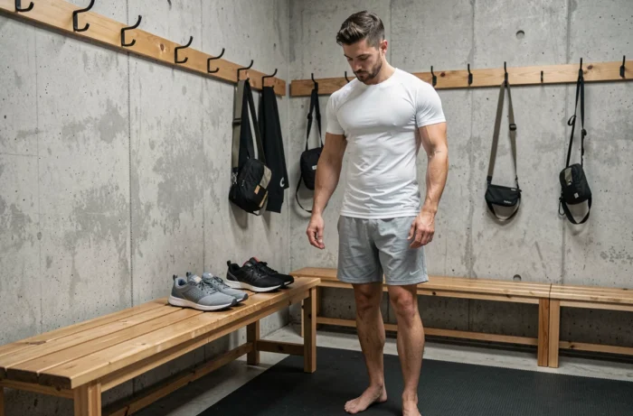 Homme comparant deux paires de chaussures de yoga posées sur un banc en bois dans un vestiaire de studio de yoga