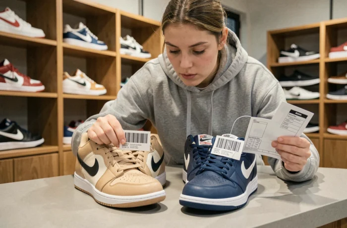 Femme comparant les codes UPC de deux paires de sneakers Nike pour détecter une contrefaçon en magasin