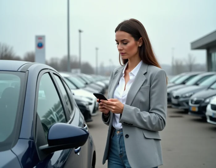 Femme comparant les prix de voitures d'occasion sur son smartphone dans un lot de concessionnaire