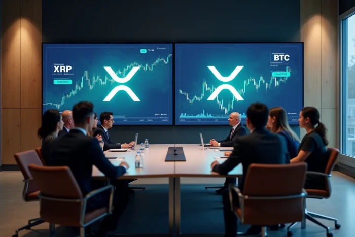 Salle de conférence fintech avec écrans affichant les données de marché de Ripple XRP et Bitcoin face à face