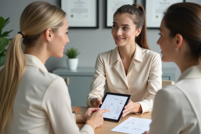 Conseillère esthétique en consultation avec une cliente, analysant un bilan cutané personnalisé dans un cabinet professionnel