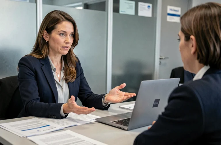 Conseillère Pôle Emploi recevant un demandeur d'emploi en entretien dans un bureau professionnel