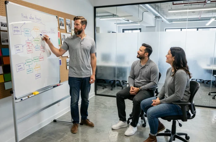 Consultant en stratégie web présentant une architecture de site internet sur un tableau blanc dans une agence digitale créative