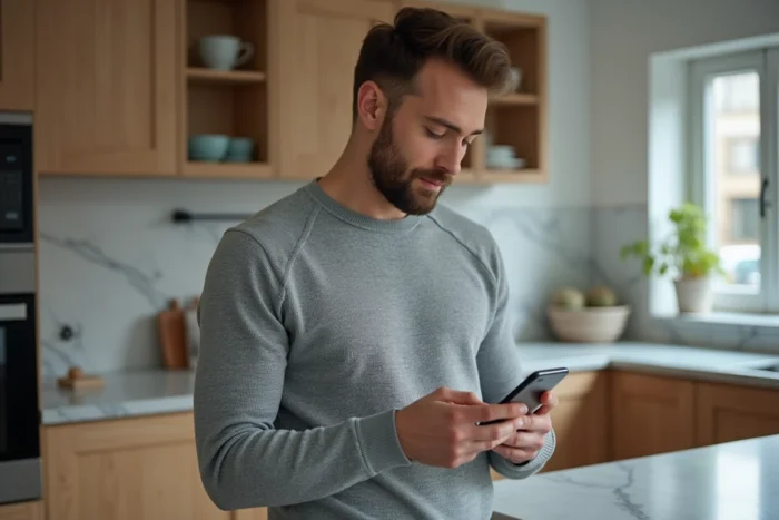 Homme consultant son compte bancaire sécurisé sur smartphone dans une cuisine moderne