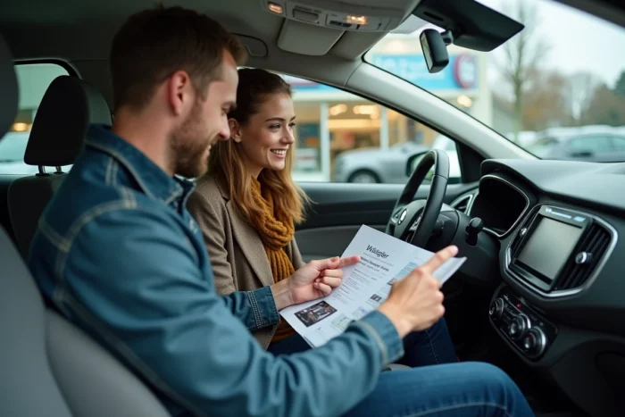 Couple discutant d'un achat de voiture d'occasion à l'intérieur d'un véhicule chez un concessionnaire