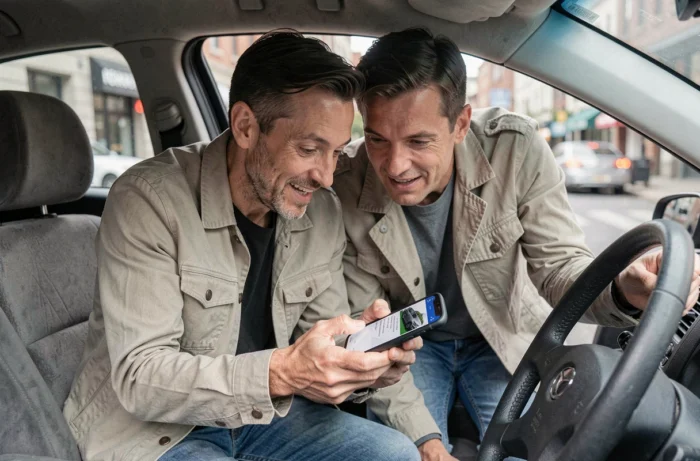 Couple consultant une application d'achat de voiture d'occasion sur smartphone à l'intérieur d'un véhicule