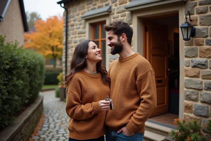 Jeune couple tenant les clés devant leur nouvelle maison en pierre lors de la remise des clés