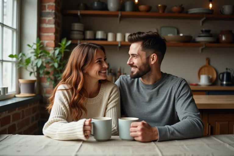 Couple complice partageant un café dans une cuisine rustique chaleureuse, symbole d'une relation solide et équilibrée